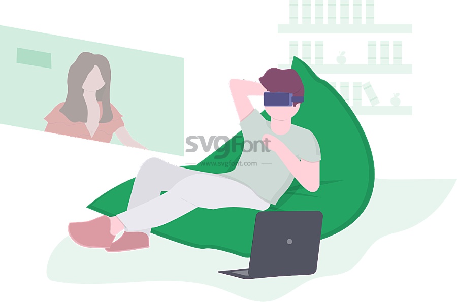 老板戴上VR眼镜坐在舒适的沙发上听公司高层汇报工作