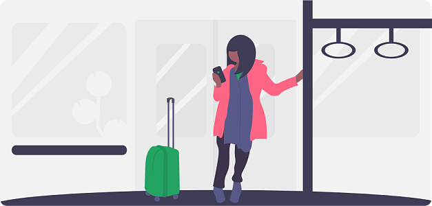 红衣女孩在地铁车厢单手扶着扶手杆看手机