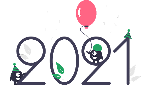 两只单眼小怪兽在开心庆祝2021年新年的到来