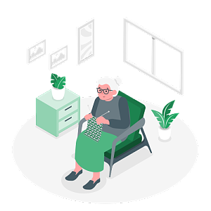 一位戴着老花眼镜白发苍苍的老奶奶坐在凳子上织毛衣
