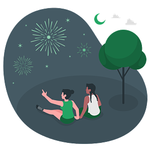 夏天的夜晚两名女孩坐在郊外的草地上观看烟花