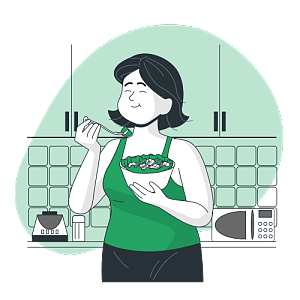 一位身材发胖的中年女子在厨房为自己做了一碗水果沙拉