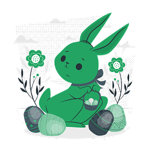 兔子提着篮子在草地的花丛中发现了复活节彩蛋