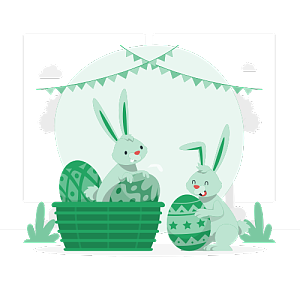 两只兔子开心地参加复活节寻找复活节彩蛋活动