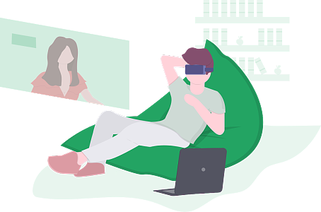 老板戴上VR眼镜坐在舒适的沙发上听公司高层汇报工作