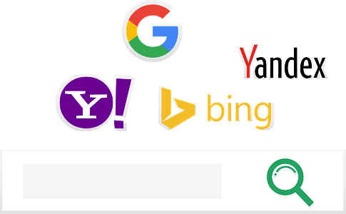 各大搜索引擎：雅虎（Yahoo）、Google（谷歌）、必应（Bing）、Yandex