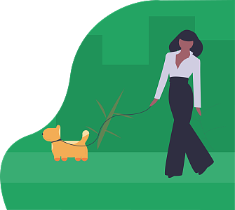 一位身穿深v领衬衣的现代女性在小区牵着狗散步