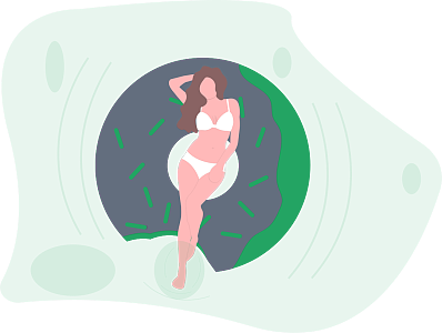 一位穿白色比基尼的女子在游泳池中躺在巨大甜甜圈形状的游泳圈上晒太阳