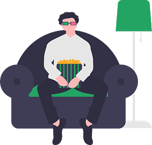 宅男舒服地坐在沙发上抱着一大桶爆米花看3D电影