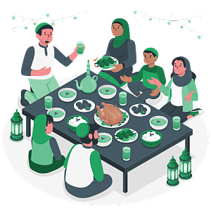 一个穆斯林家庭在开斋节当天准备了丰盛的晚餐