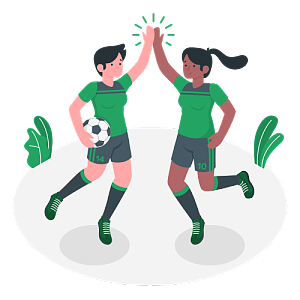 女子足球比赛中进球后两名队员开心地击掌庆祝