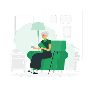 一位气质优雅的老奶奶坐在沙发上边喝茶边看书