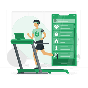 女子在跑步机上边跑边看着屏幕上的健身追踪数据